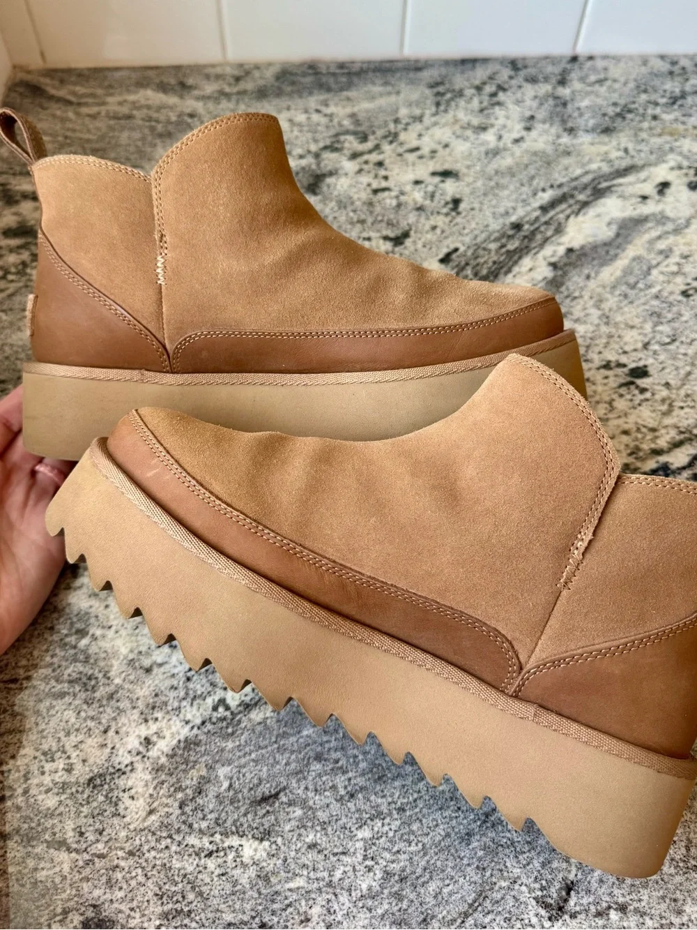 UGG Tan Suede Platform Chelsea Booties